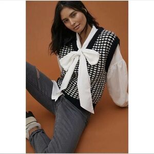 Anthropologie Find Me Now Black White Heart Knit Sweater Vest Pullover XS Retro